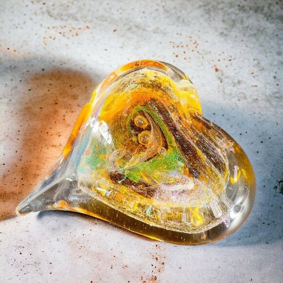 Hand Blown Art Glass Heart Figurine Paperweight Multicolor Swirls Artist Signed - Picture 4 of 16